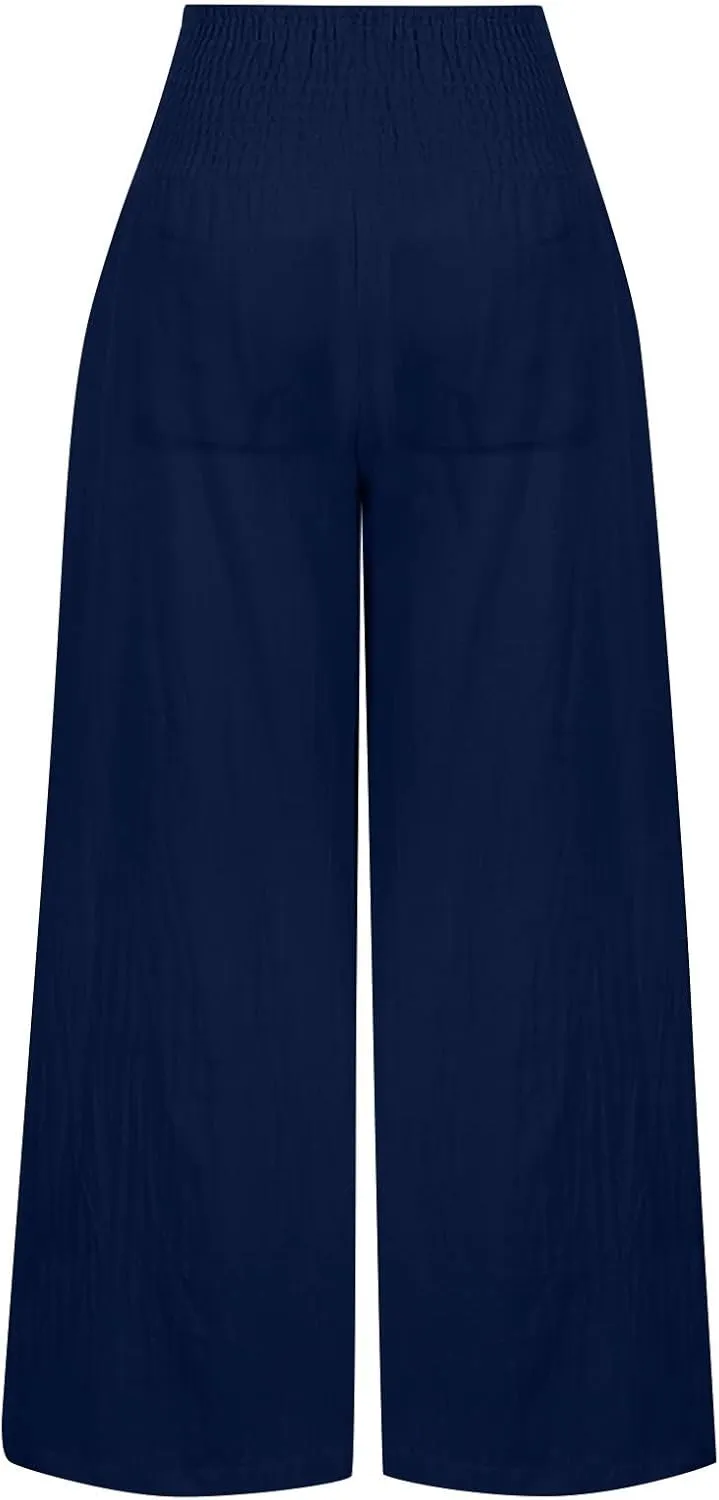 Womens Linen Summer Letter Patched Palazzo Lounge Pants High Waist Wide Leg Slim-Fit Palazzo Pants Beach