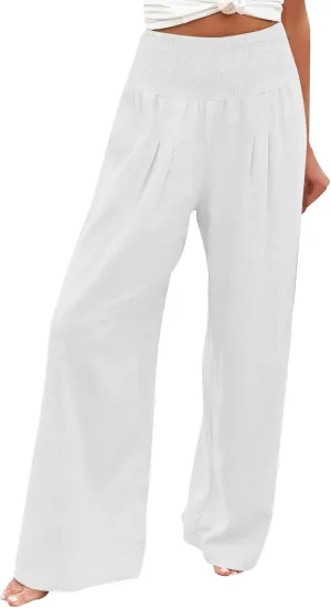 Womens Linen Summer Letter Patched Palazzo Lounge Pants High Waist Wide Leg Slim-Fit Palazzo Pants Beach