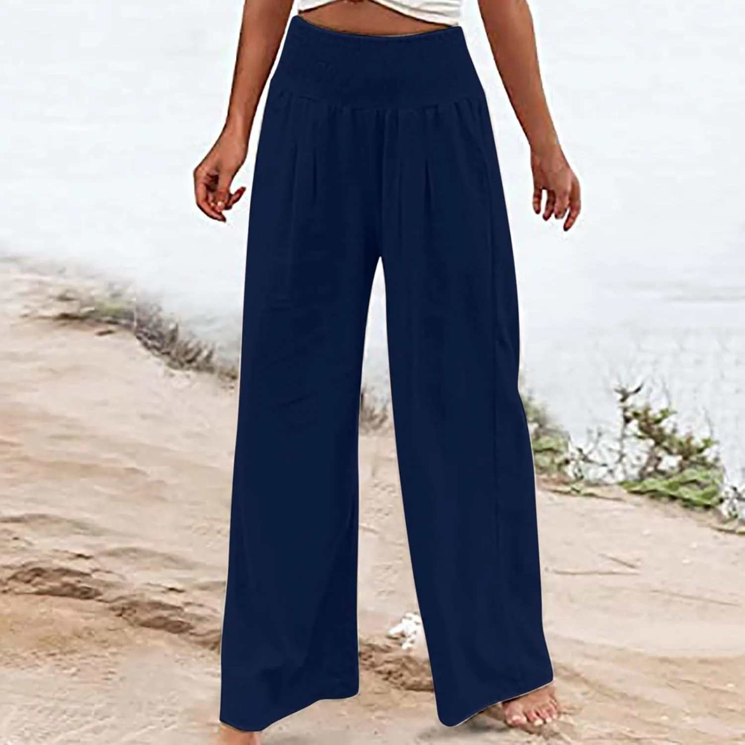 Womens Linen Summer Letter Patched Palazzo Lounge Pants High Waist Wide Leg Slim-Fit Palazzo Pants Beach