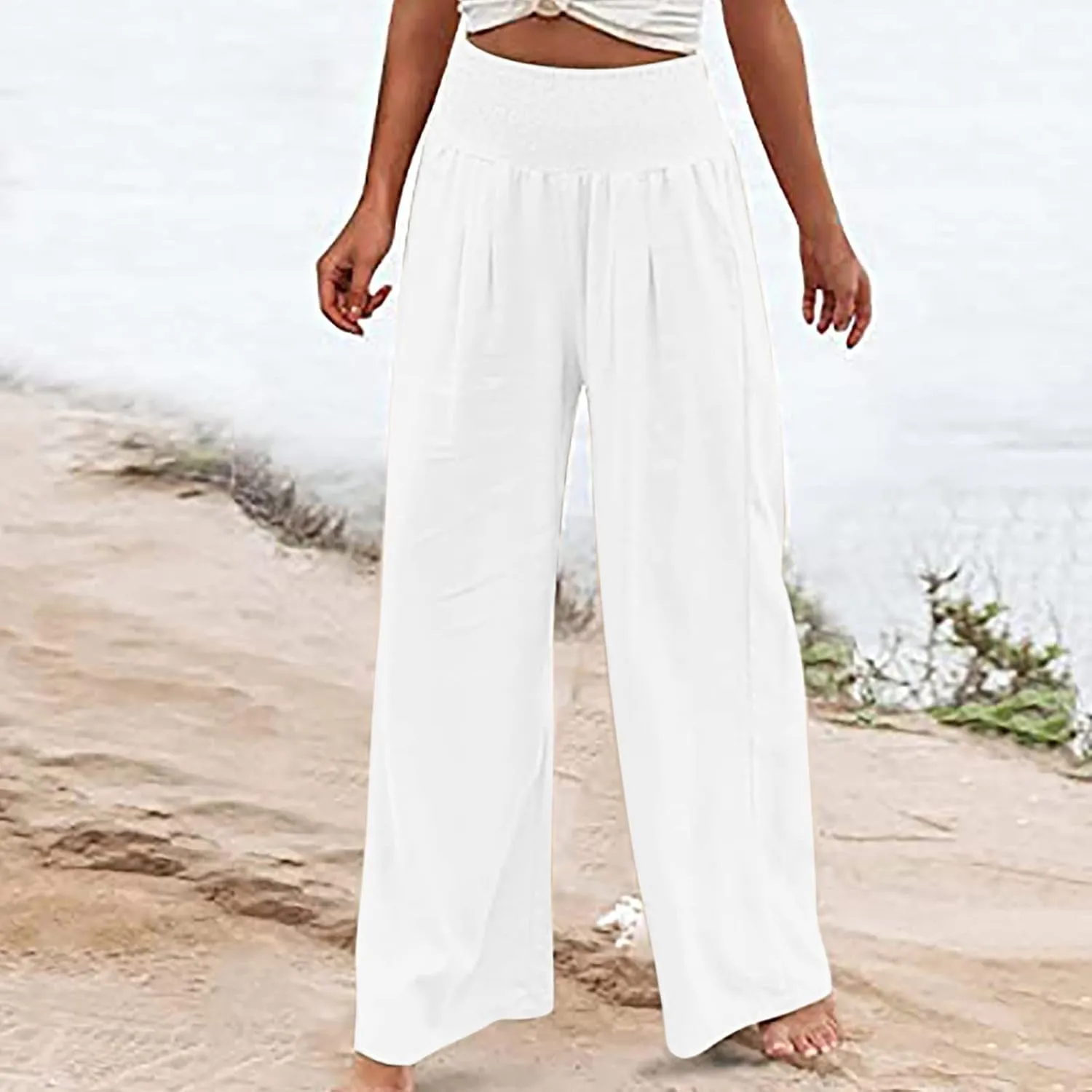 Womens Linen Summer Letter Patched Palazzo Lounge Pants High Waist Wide Leg Slim-Fit Palazzo Pants Beach