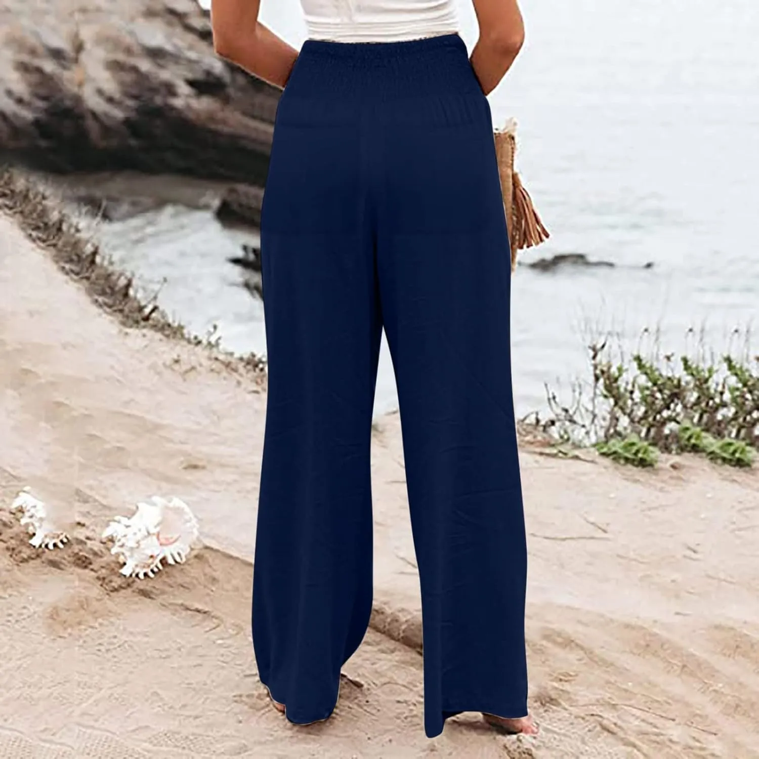 Womens Linen Summer Letter Patched Palazzo Lounge Pants High Waist Wide Leg Slim-Fit Palazzo Pants Beach