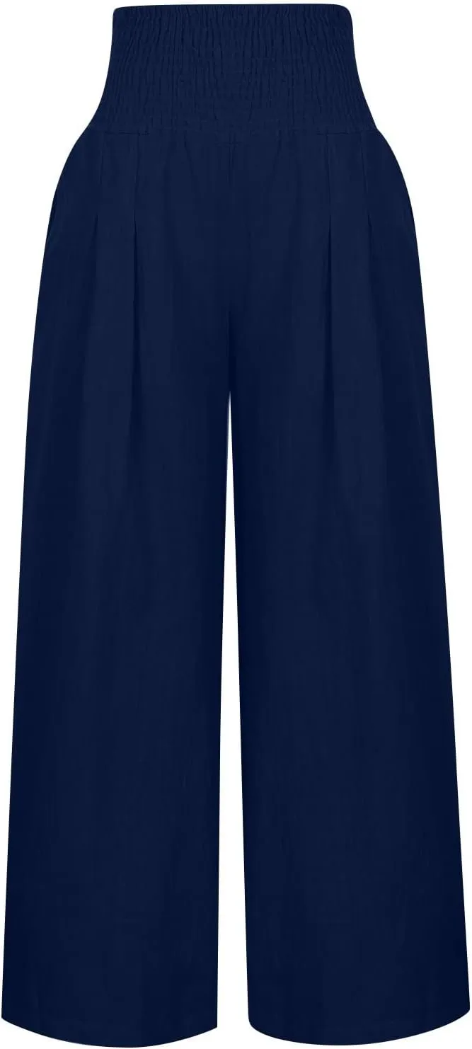 Womens Linen Summer Letter Patched Palazzo Lounge Pants High Waist Wide Leg Slim-Fit Palazzo Pants Beach