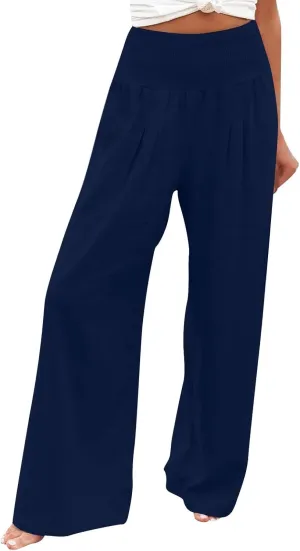 Womens Linen Summer Letter Patched Palazzo Lounge Pants High Waist Wide Leg Slim-Fit Palazzo Pants Beach