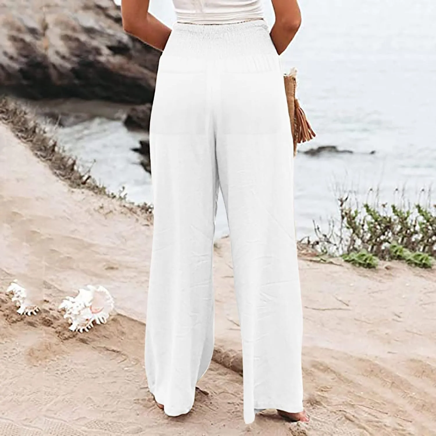 Womens Linen Summer Letter Patched Palazzo Lounge Pants High Waist Wide Leg Slim-Fit Palazzo Pants Beach