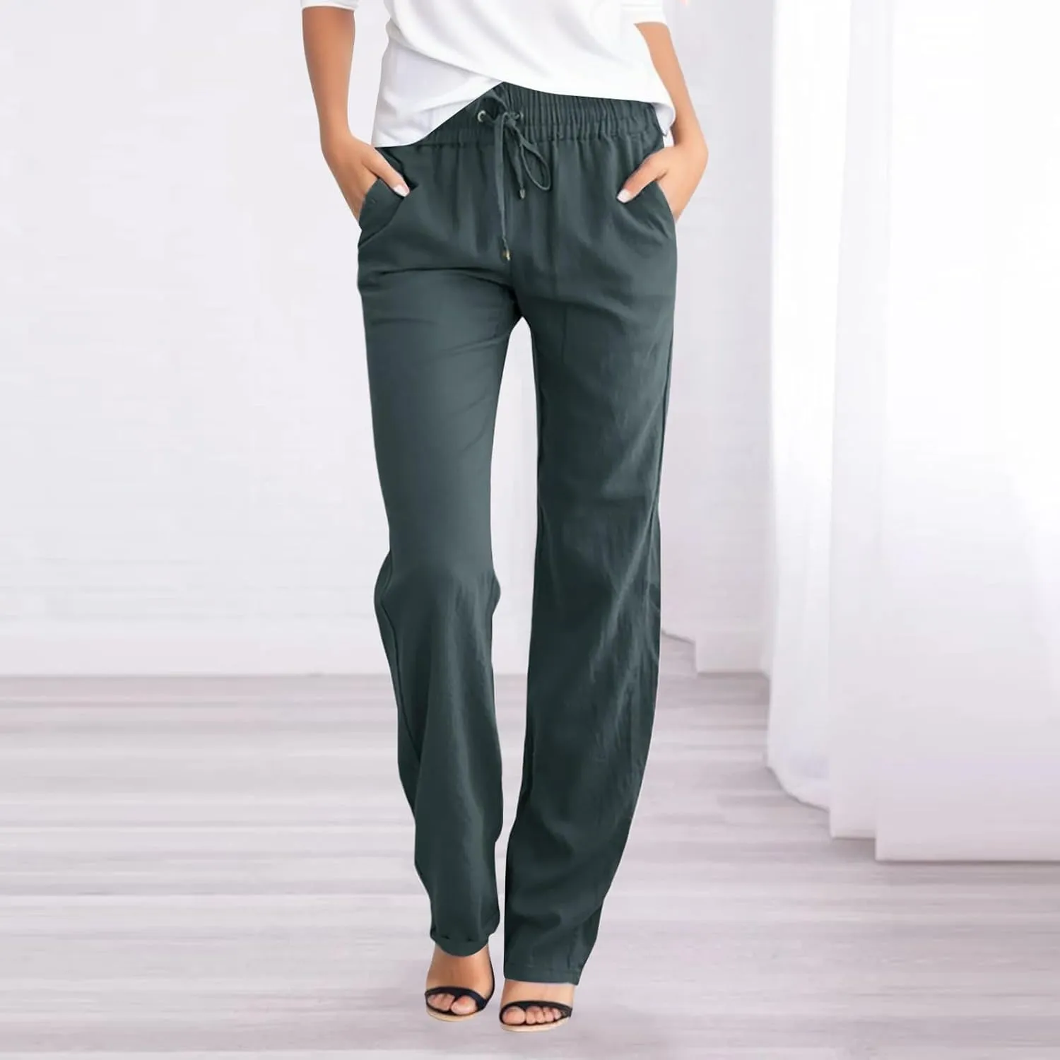 Womens Linen Summer Loose Pants High Waist Ankle Length Slim-Fit Trousers Work Business