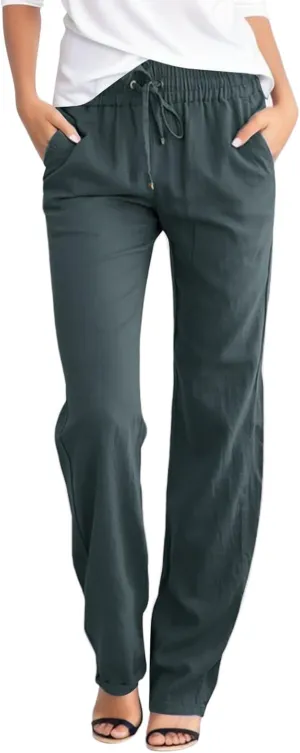 Womens Linen Summer Loose Pants High Waist Ankle Length Slim-Fit Trousers Work Business