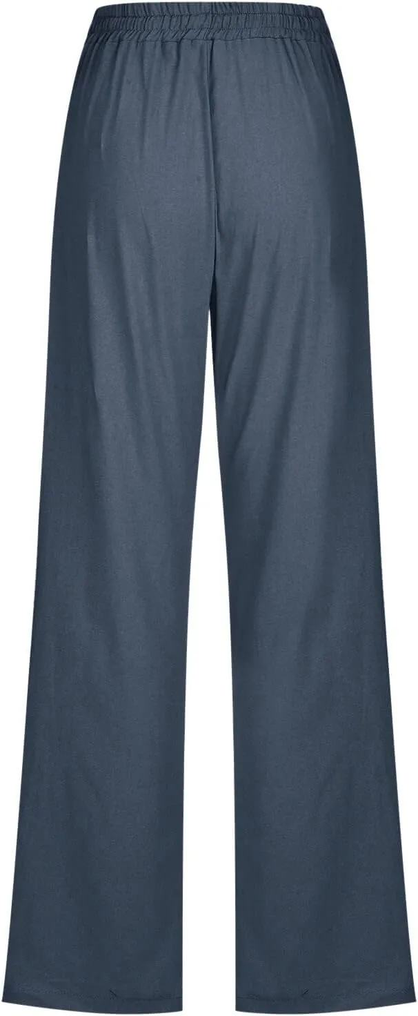 Womens Linen Summer Trendy Palazzo Pants High Waist Wide Leg Slim Fit Palazzo Pants Business Work