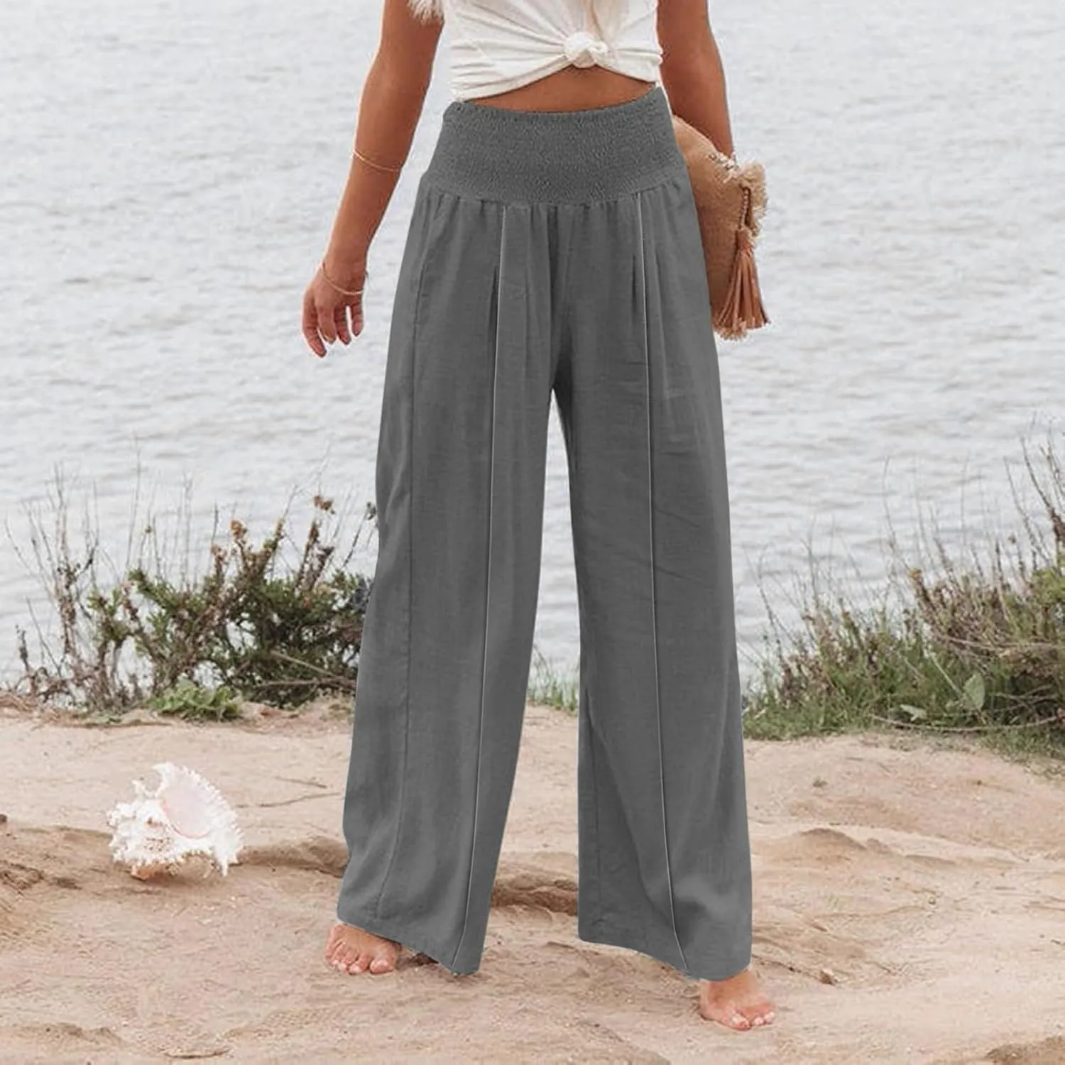 Womens Linen Summer Y2K Fashion Palazzo Pants Low Waist Wide Leg Plus Size Pants Trendy