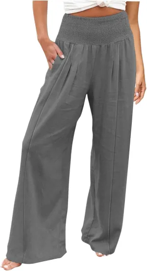 Womens Linen Summer Y2K Fashion Palazzo Pants Low Waist Wide Leg Plus Size Pants Trendy