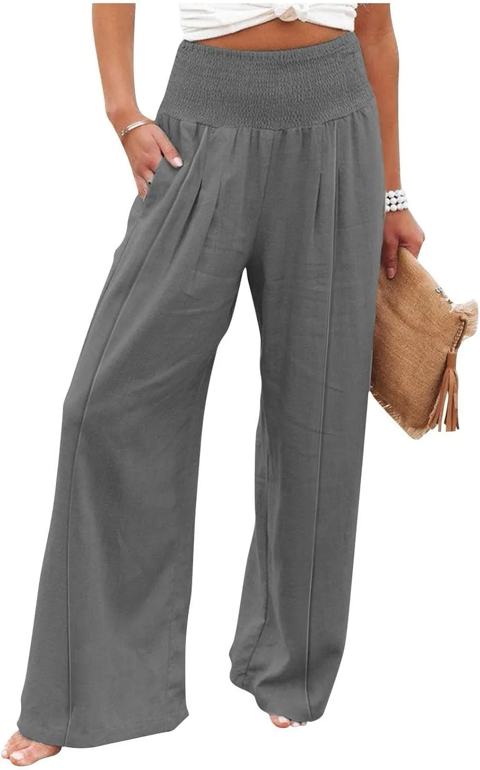 Womens Linen Summer Y2K Fashion Palazzo Pants Low Waist Wide Leg Plus Size Pants Trendy