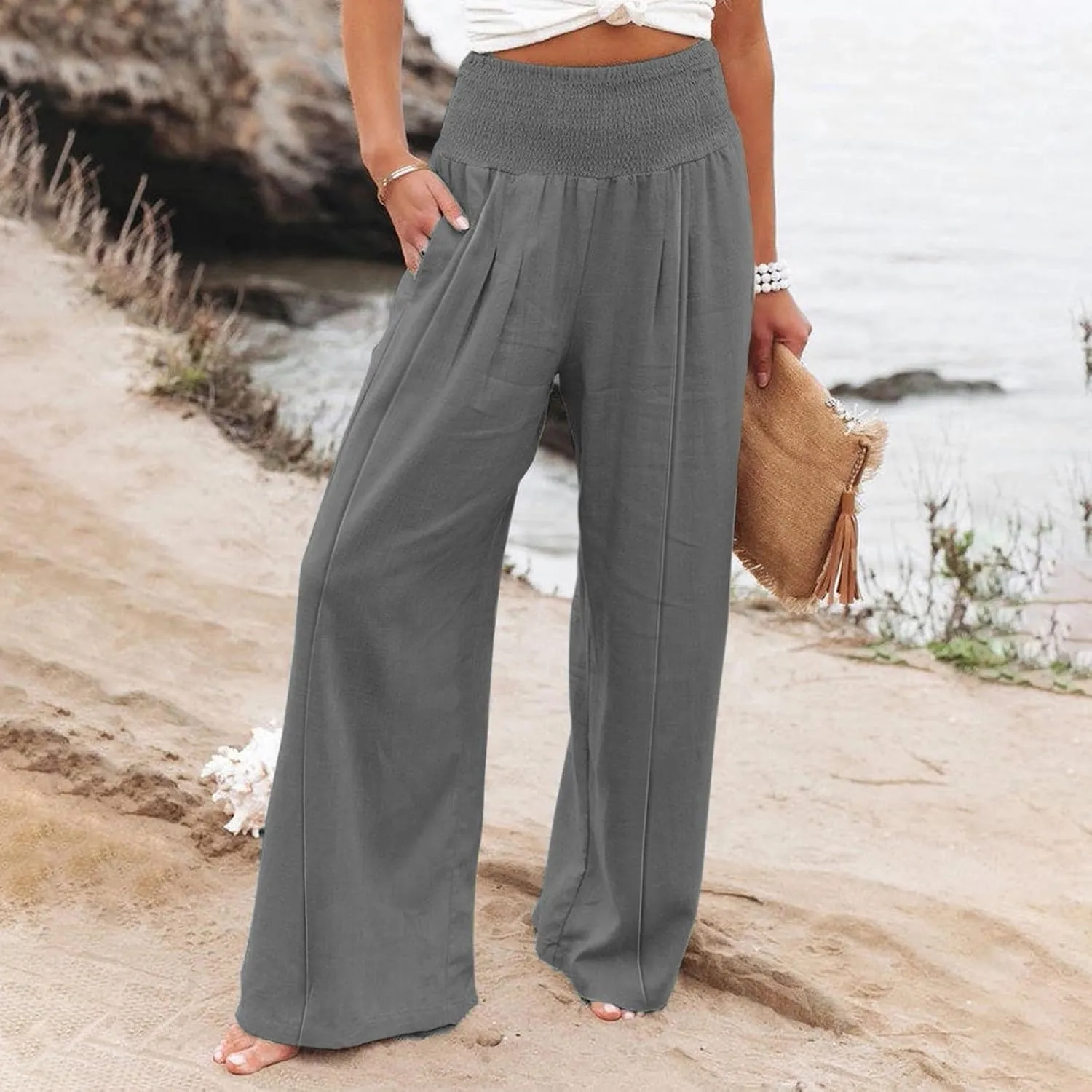 Womens Linen Summer Y2K Fashion Palazzo Pants Low Waist Wide Leg Plus Size Pants Trendy