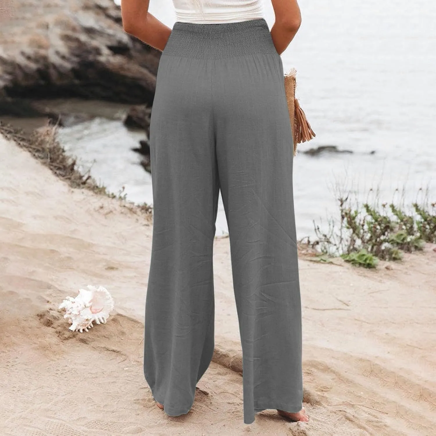 Womens Linen Summer Y2K Fashion Palazzo Pants Low Waist Wide Leg Plus Size Pants Trendy