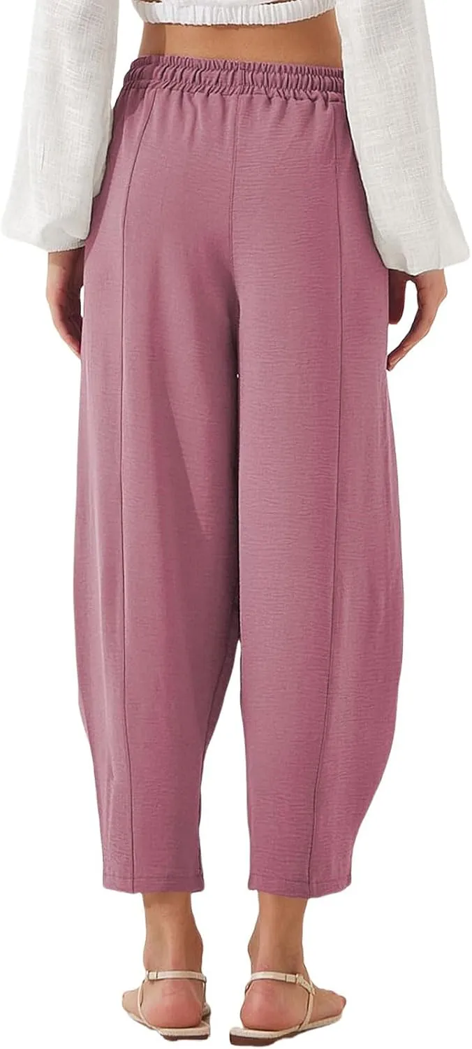 Womens Linen Wide Leg Pants Summer High Waisted Drawstring Elastic Travel Vacation Harem Trousers with Pockets