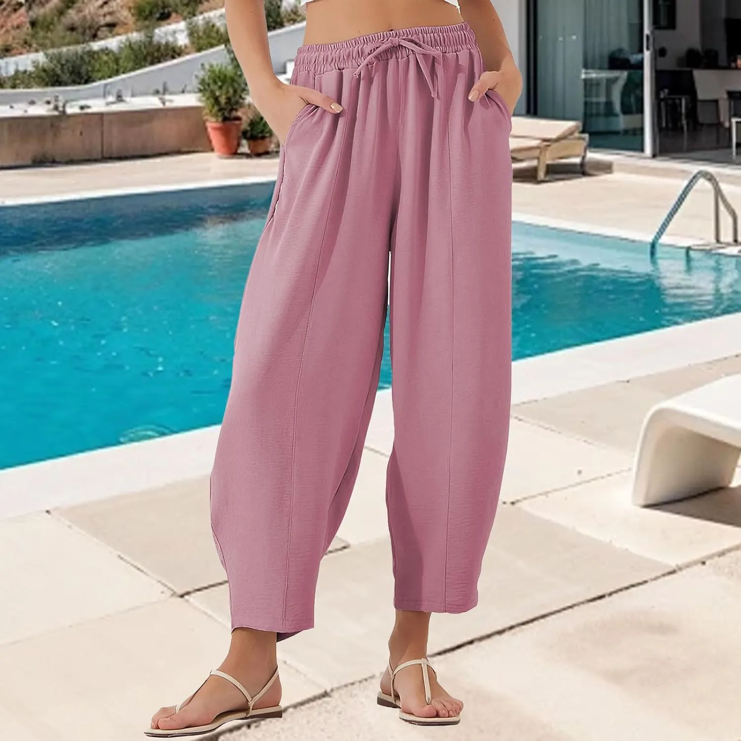 Womens Linen Wide Leg Pants Summer High Waisted Drawstring Elastic Travel Vacation Harem Trousers with Pockets