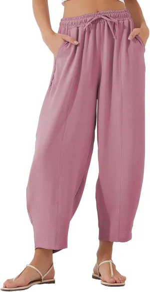 Womens Linen Wide Leg Pants Summer High Waisted Drawstring Elastic Travel Vacation Harem Trousers with Pockets