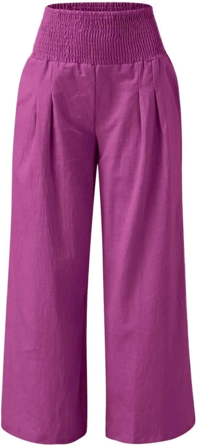 Womens Palazzo Pants Casual Smocked Elastic High Waist Wide Leg Trousers Summer Beach Pants Flowy Linen Lounge Pants