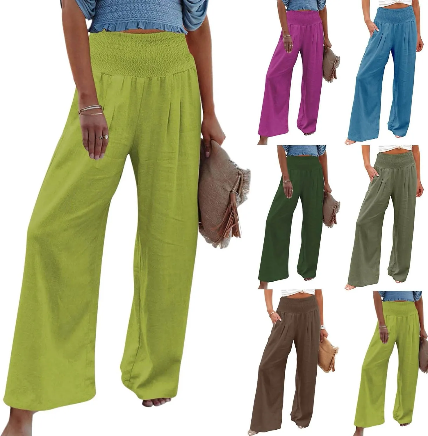 Womens Palazzo Pants Casual Smocked Elastic High Waist Wide Leg Trousers Summer Beach Pants Flowy Linen Lounge Pants