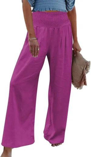 Womens Palazzo Pants Casual Smocked Elastic High Waist Wide Leg Trousers Summer Beach Pants Flowy Linen Lounge Pants