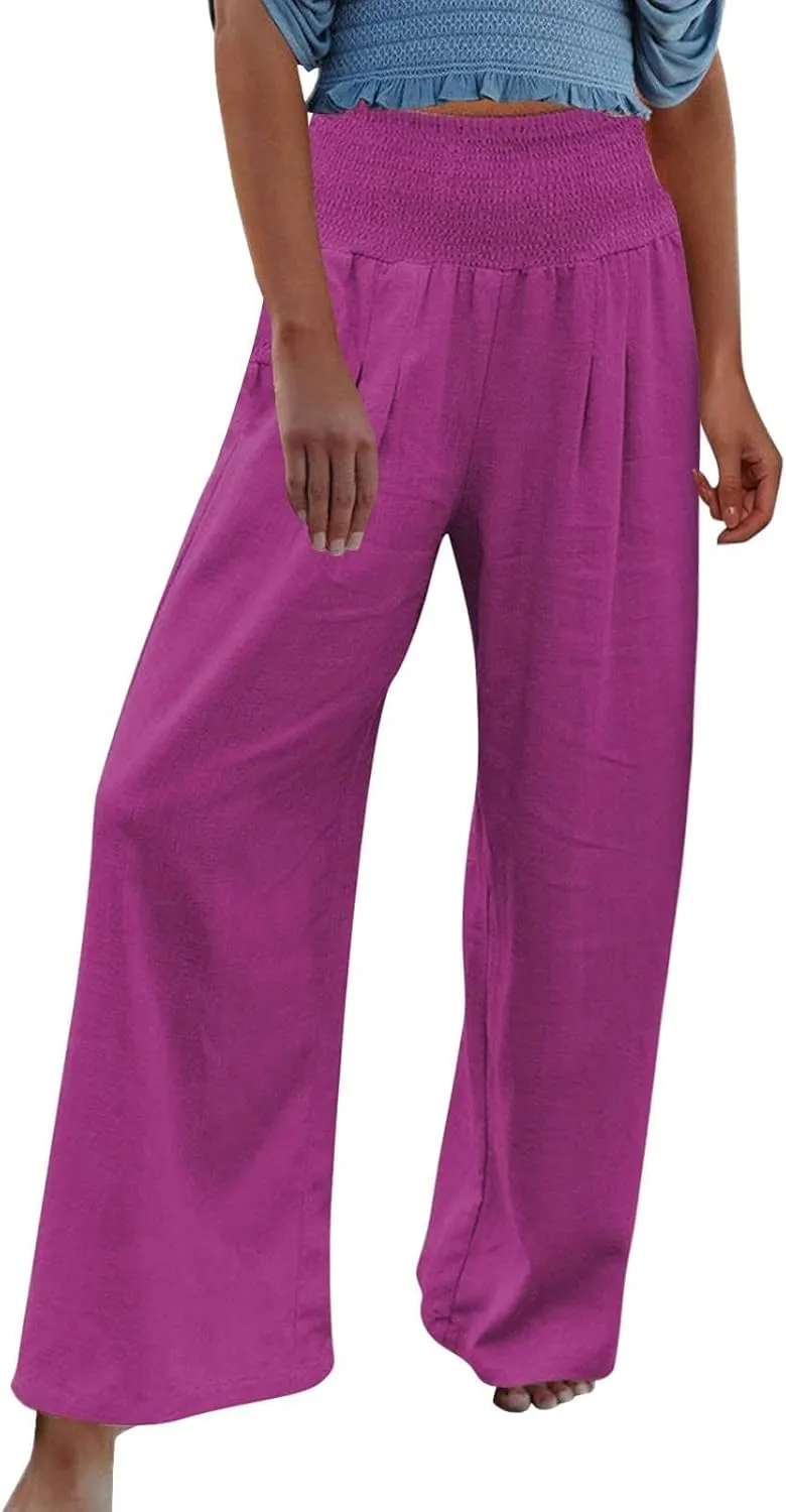 Womens Palazzo Pants Casual Smocked Elastic High Waist Wide Leg Trousers Summer Beach Pants Flowy Linen Lounge Pants
