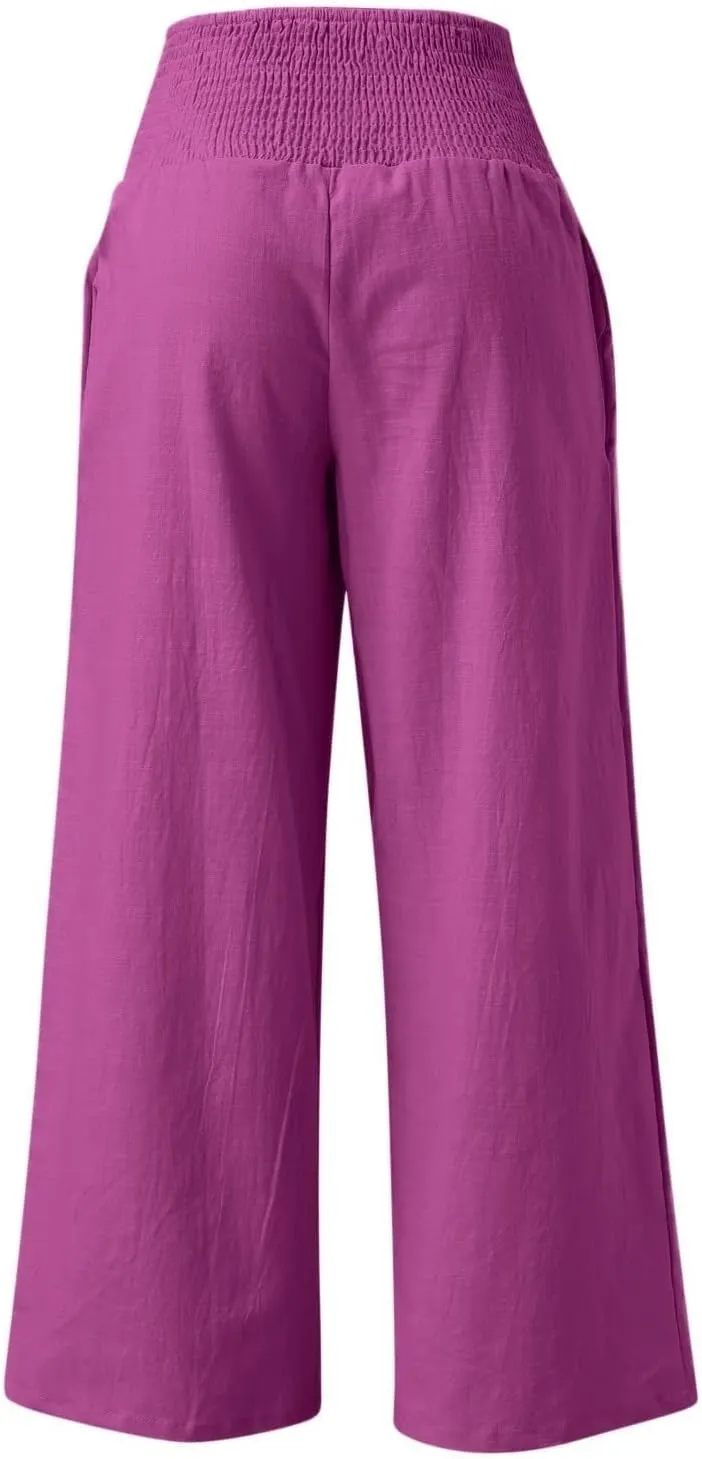 Womens Palazzo Pants Casual Smocked Elastic High Waist Wide Leg Trousers Summer Beach Pants Flowy Linen Lounge Pants