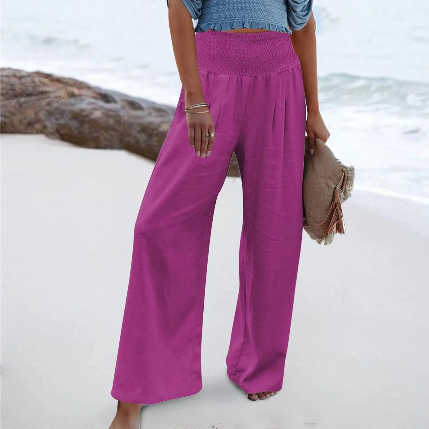 Womens Palazzo Pants Casual Smocked Elastic High Waist Wide Leg Trousers Summer Beach Pants Flowy Linen Lounge Pants