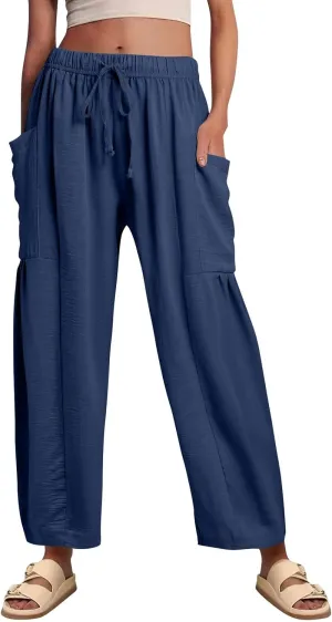 Womens Palazzo Pants Cotton Linen High Waisted Summer 2025 Pants Drawstring Wide Leg Multi-Pocket Solid Outfit Fashion