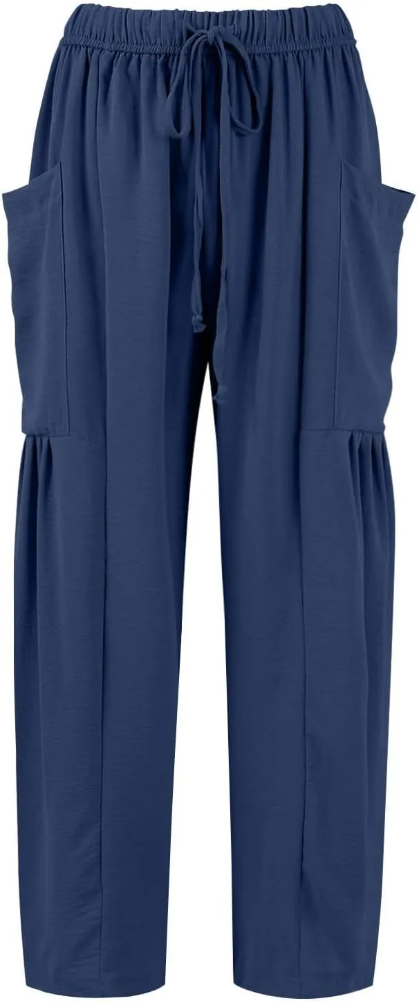 Womens Palazzo Pants Cotton Linen High Waisted Summer 2025 Pants Drawstring Wide Leg Multi-Pocket Solid Outfit Fashion