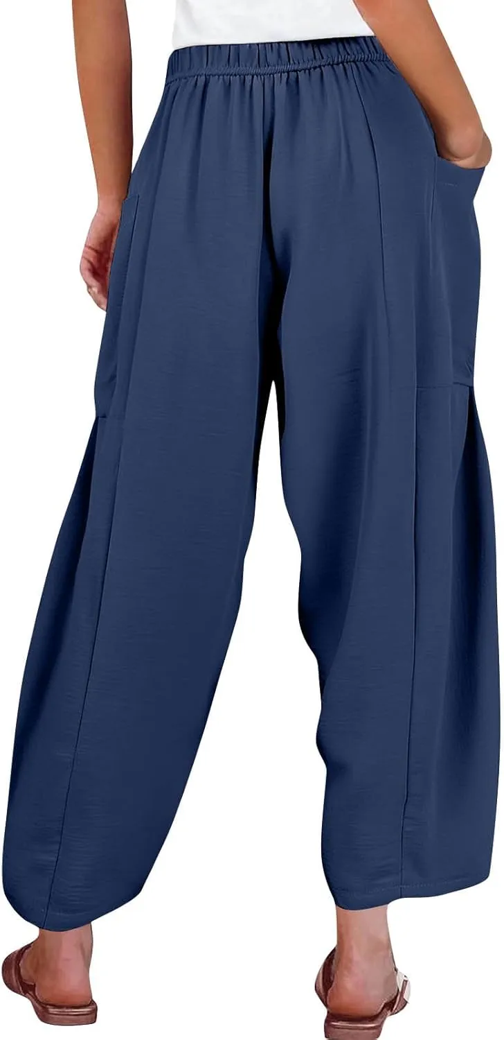 Womens Palazzo Pants Cotton Linen High Waisted Summer 2025 Pants Drawstring Wide Leg Multi-Pocket Solid Outfit Fashion