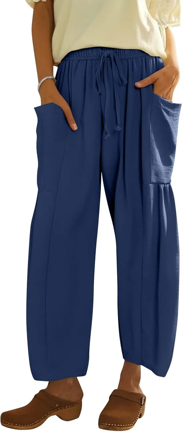 Womens Palazzo Pants Cotton Linen High Waisted Summer 2025 Pants Drawstring Wide Leg Multi-Pocket Solid Outfit Fashion