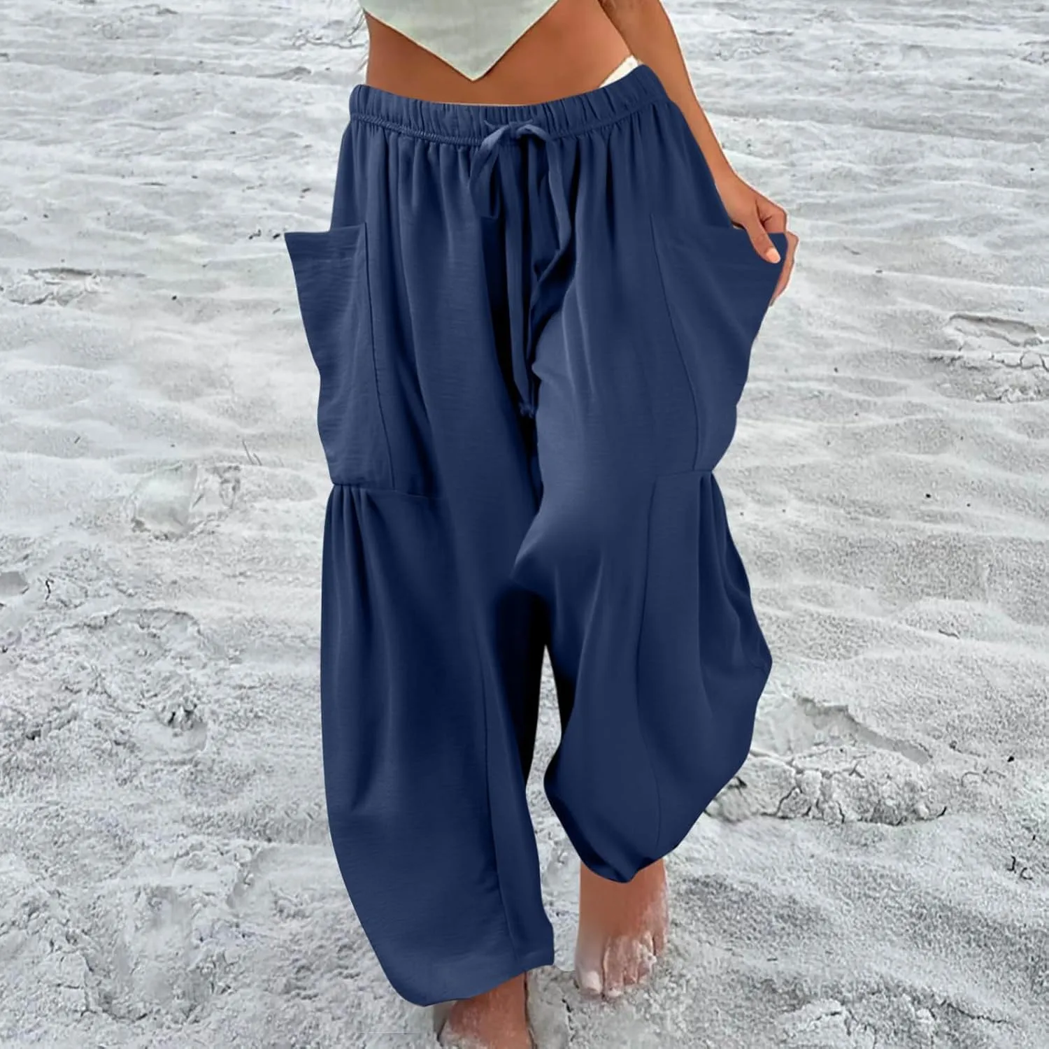 Womens Palazzo Pants Cotton Linen High Waisted Summer 2025 Pants Drawstring Wide Leg Multi-Pocket Solid Outfit Fashion