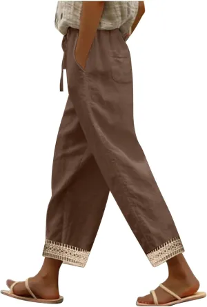 Women's Palazzo Pants Summer Casual Linen Cotton Elastic Waist Baggy Flowy Trousers Vacation Outfits with Pockets