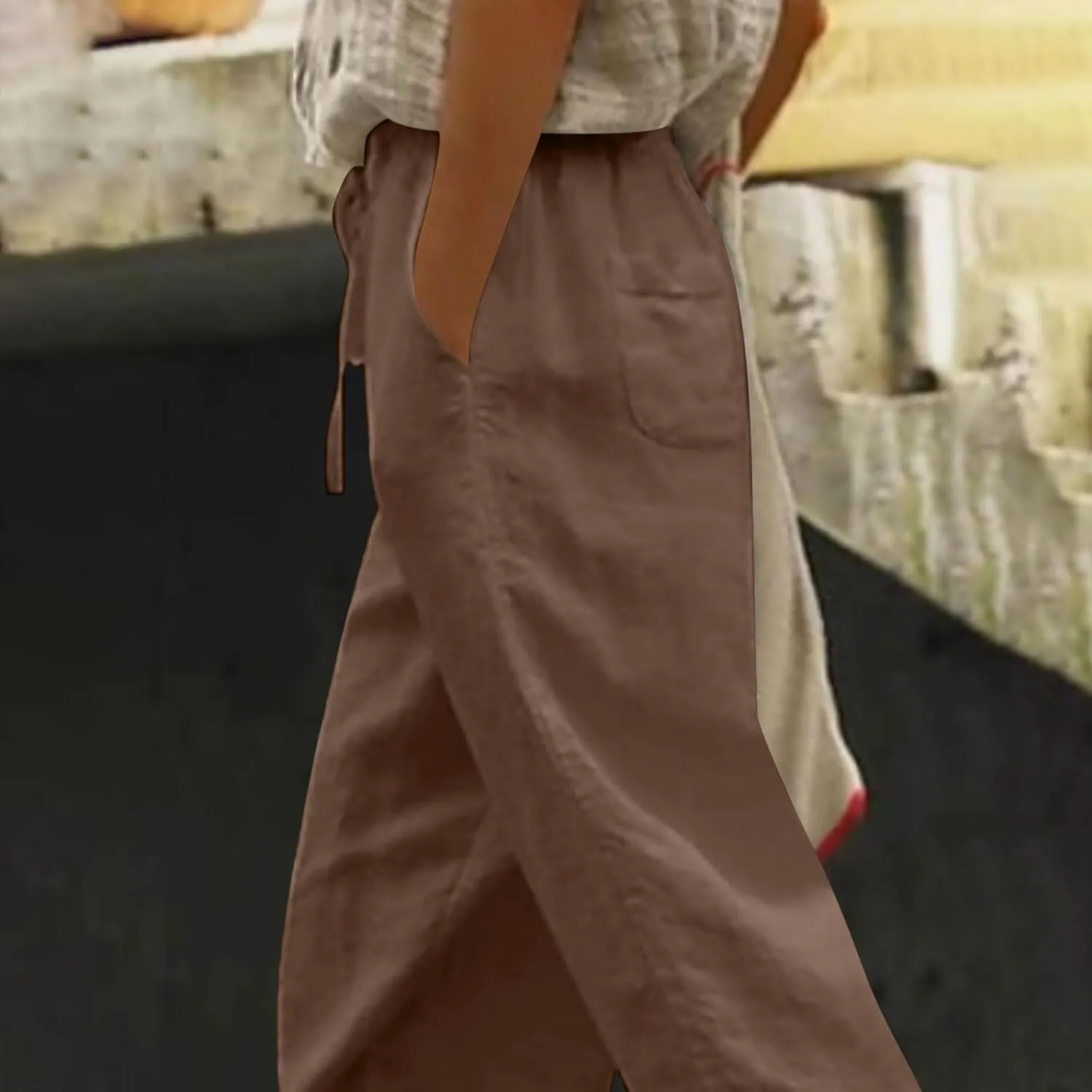 Women's Palazzo Pants Summer Casual Linen Cotton Elastic Waist Baggy Flowy Trousers Vacation Outfits with Pockets