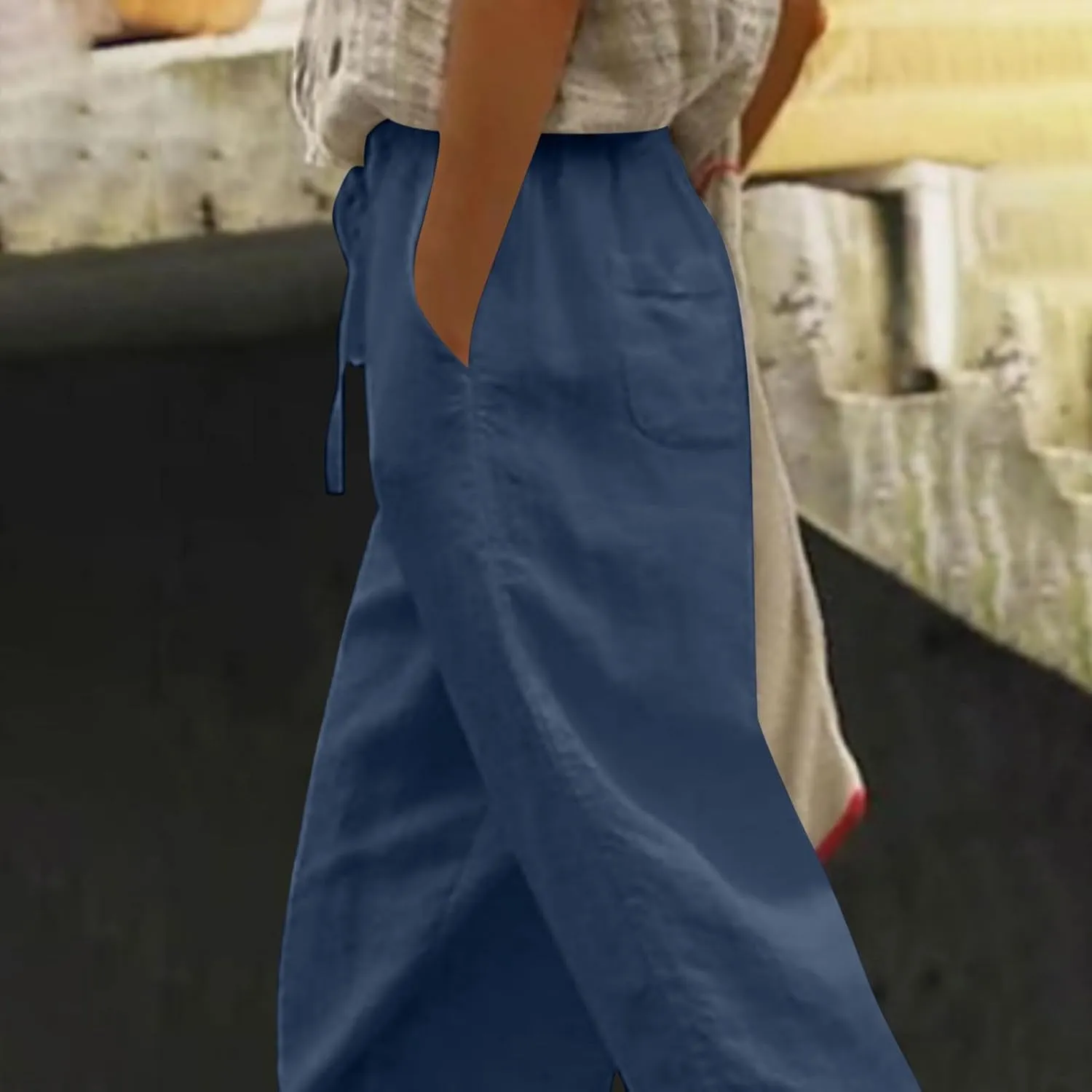 Women's Palazzo Pants Summer Casual Linen Cotton Elastic Waist Baggy Flowy Trousers Vacation Outfits with Pockets