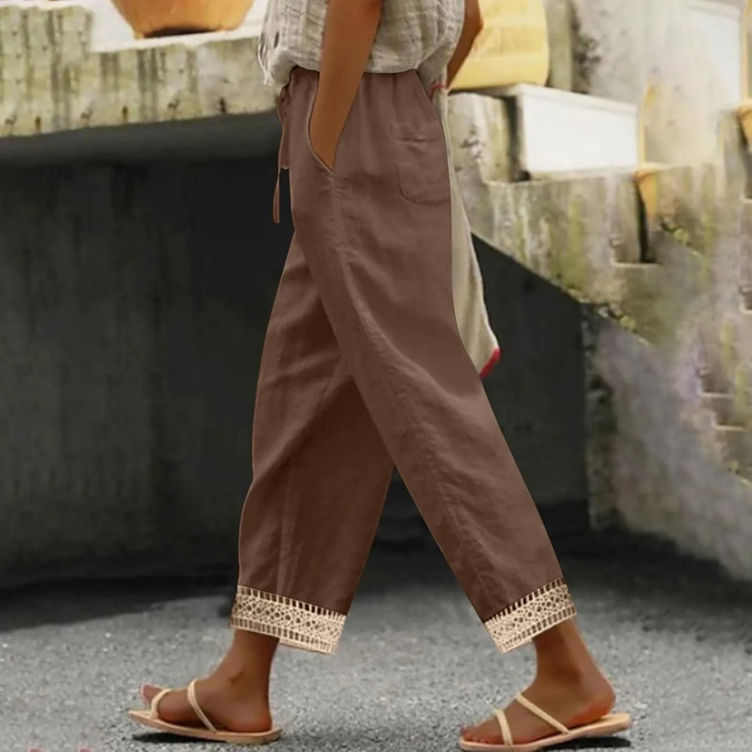 Women's Palazzo Pants Summer Casual Linen Cotton Elastic Waist Baggy Flowy Trousers Vacation Outfits with Pockets