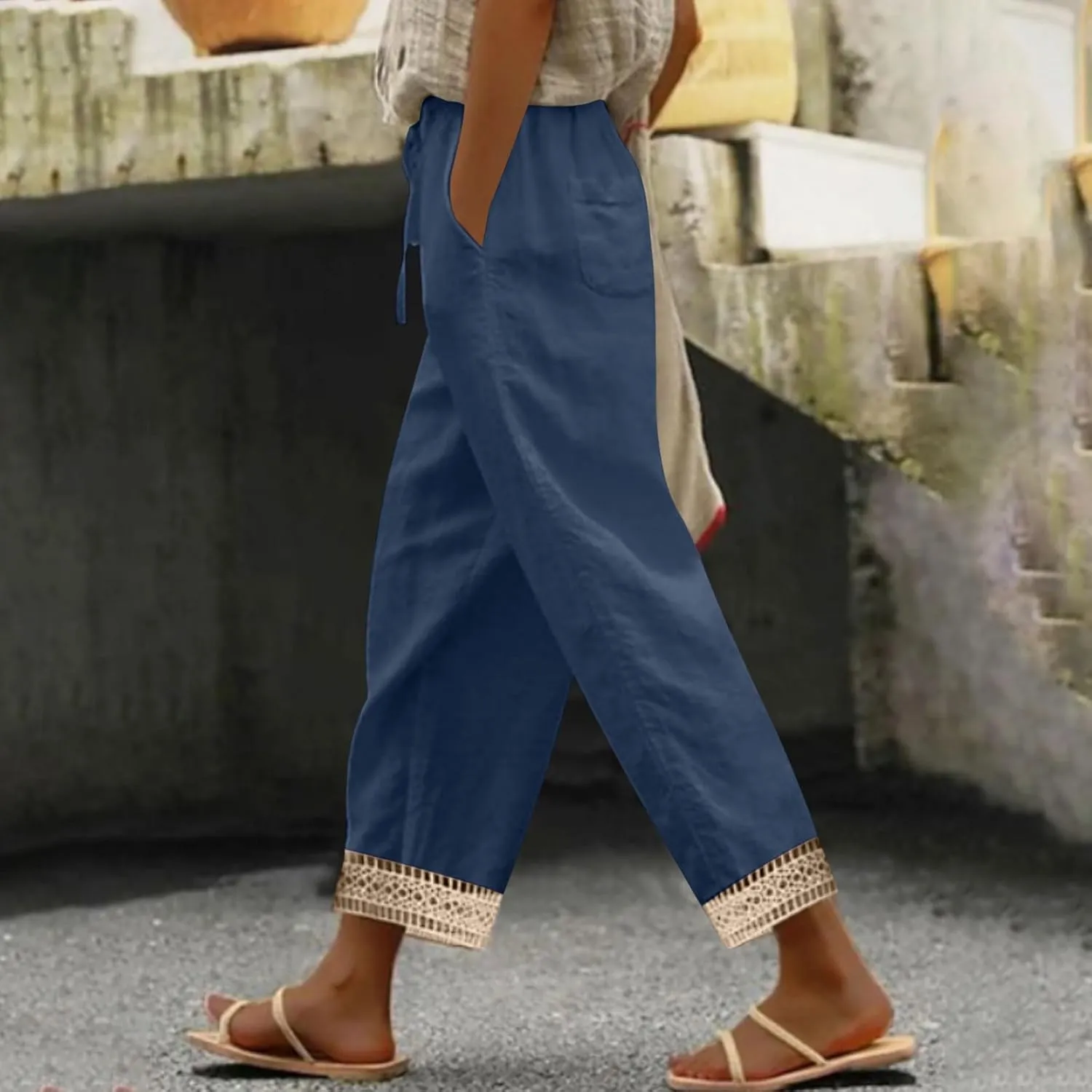 Women's Palazzo Pants Summer Casual Linen Cotton Elastic Waist Baggy Flowy Trousers Vacation Outfits with Pockets