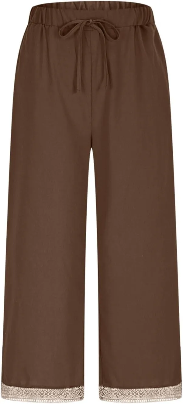 Women's Palazzo Pants Summer Casual Linen Cotton Elastic Waist Baggy Flowy Trousers Vacation Outfits with Pockets