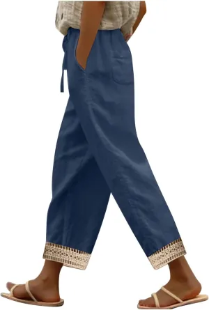 Women's Palazzo Pants Summer Casual Linen Cotton Elastic Waist Baggy Flowy Trousers Vacation Outfits with Pockets