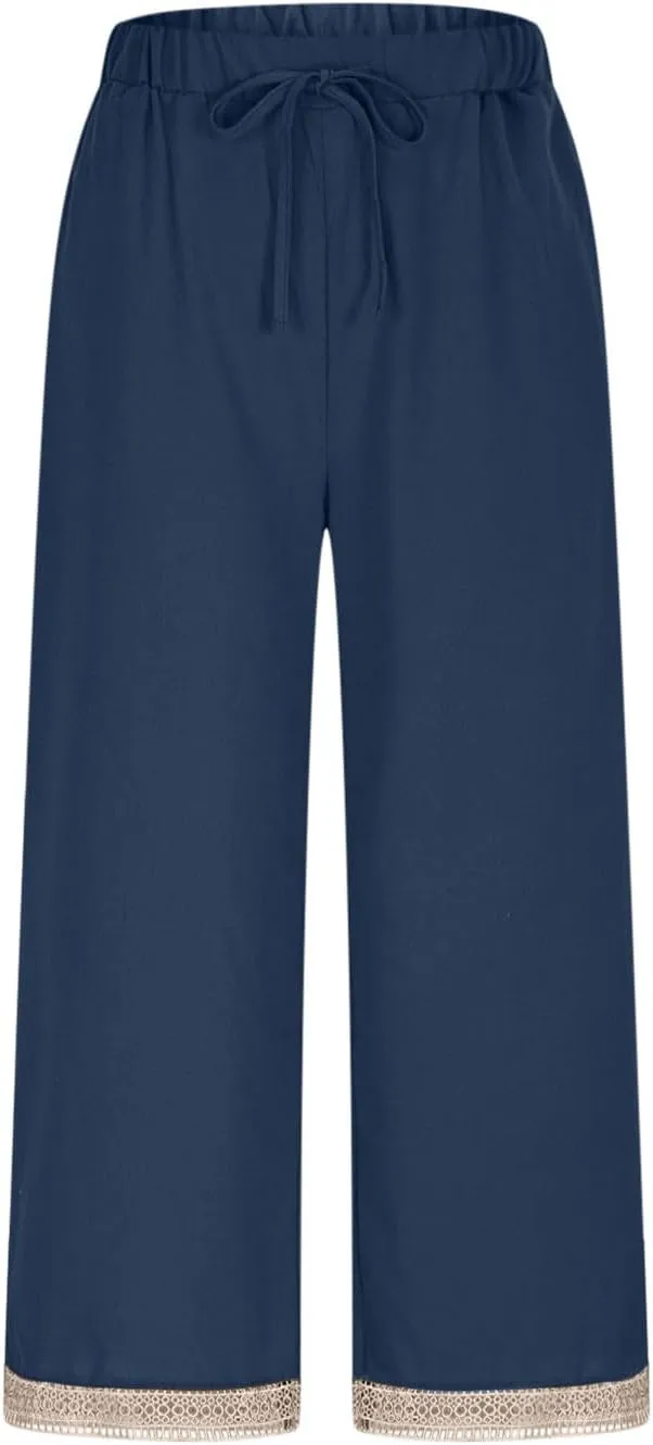 Women's Palazzo Pants Summer Casual Linen Cotton Elastic Waist Baggy Flowy Trousers Vacation Outfits with Pockets