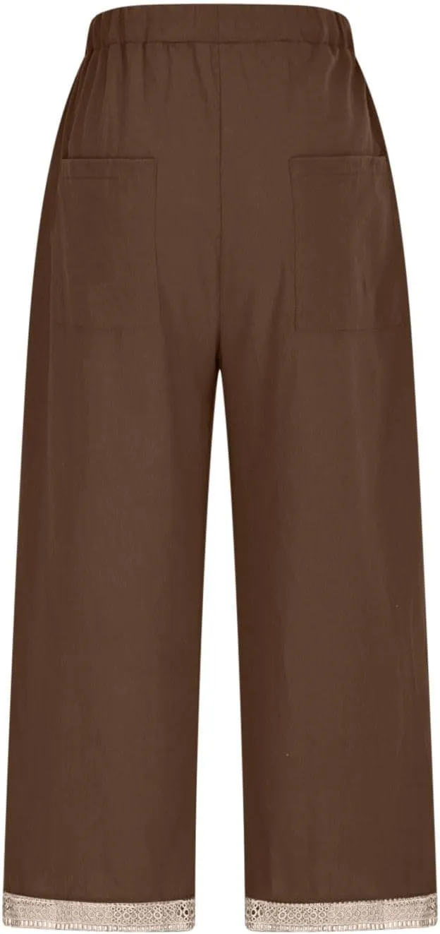 Women's Palazzo Pants Summer Casual Linen Cotton Elastic Waist Baggy Flowy Trousers Vacation Outfits with Pockets