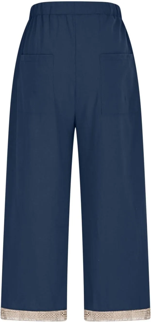 Women's Palazzo Pants Summer Casual Linen Cotton Elastic Waist Baggy Flowy Trousers Vacation Outfits with Pockets