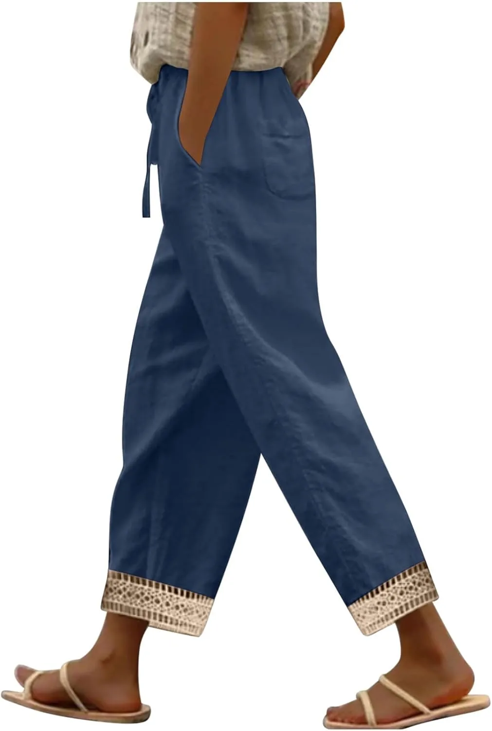 Women's Palazzo Pants Summer Casual Linen Cotton Elastic Waist Baggy Flowy Trousers Vacation Outfits with Pockets