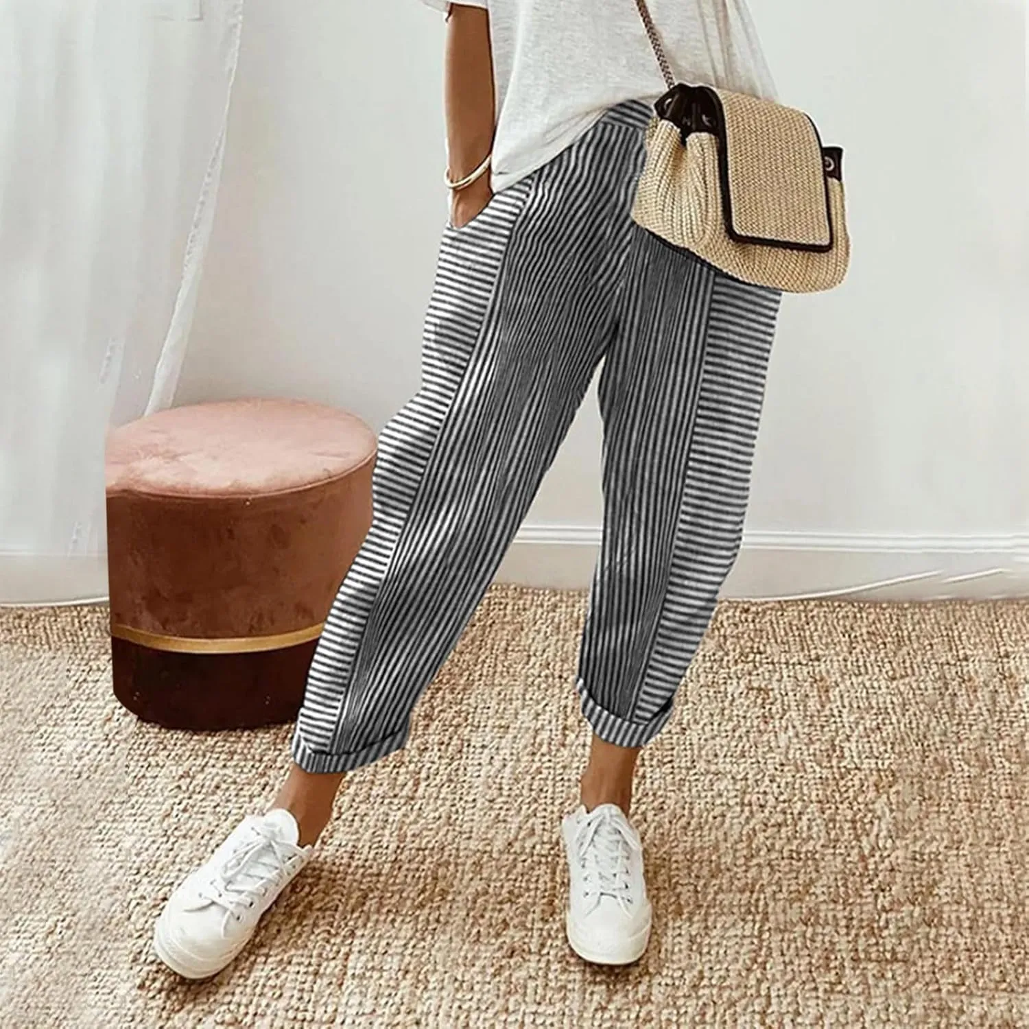 Womens Pants, Casual Pants Straight Leg Loose Peasant Linen Cotton Women Side