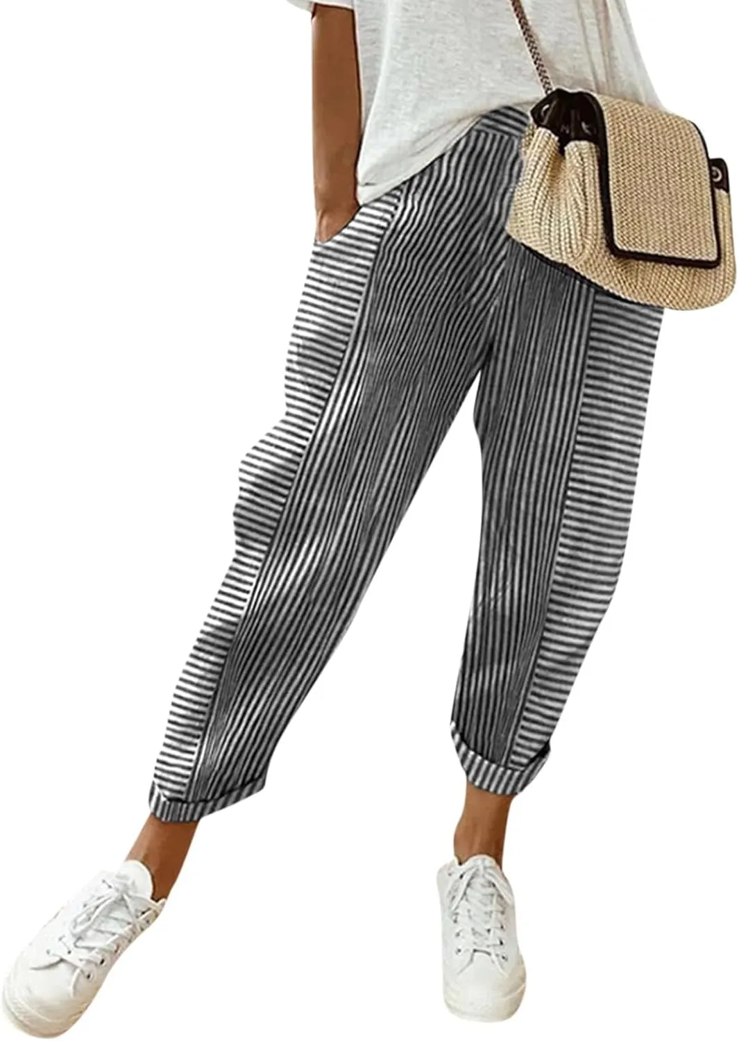 Womens Pants, Casual Pants Straight Leg Loose Peasant Linen Cotton Women Side