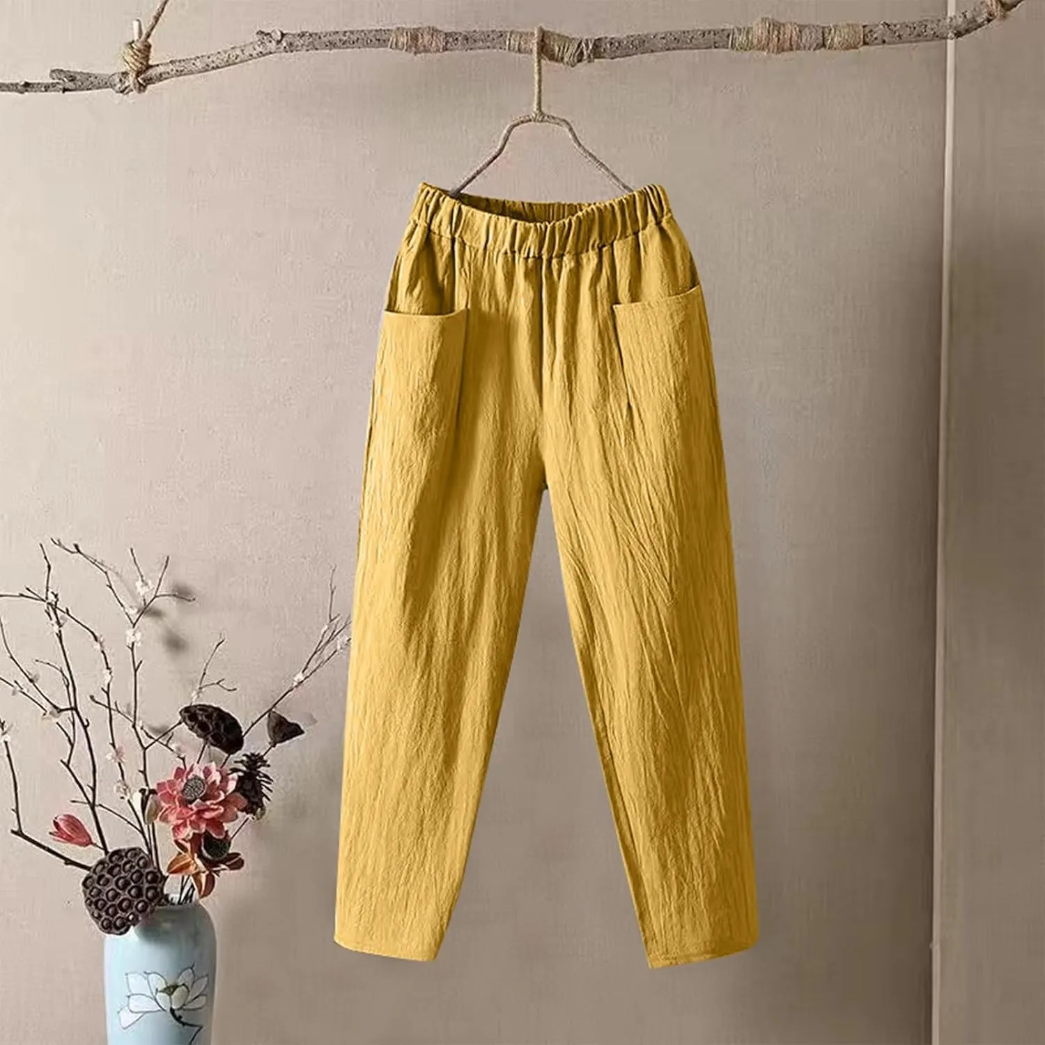 Womens Pants, Elastic Waist Straight Leg Casual Pants Peasant Linen High Wide