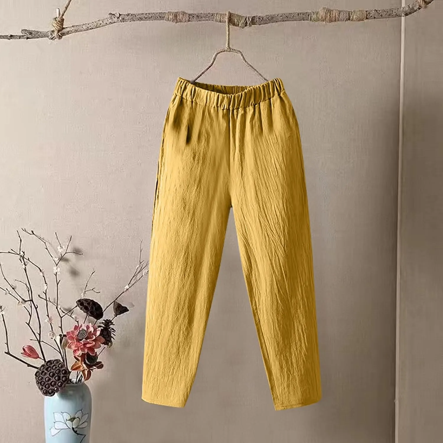 Womens Pants, Elastic Waist Straight Leg Casual Pants Peasant Linen High Wide