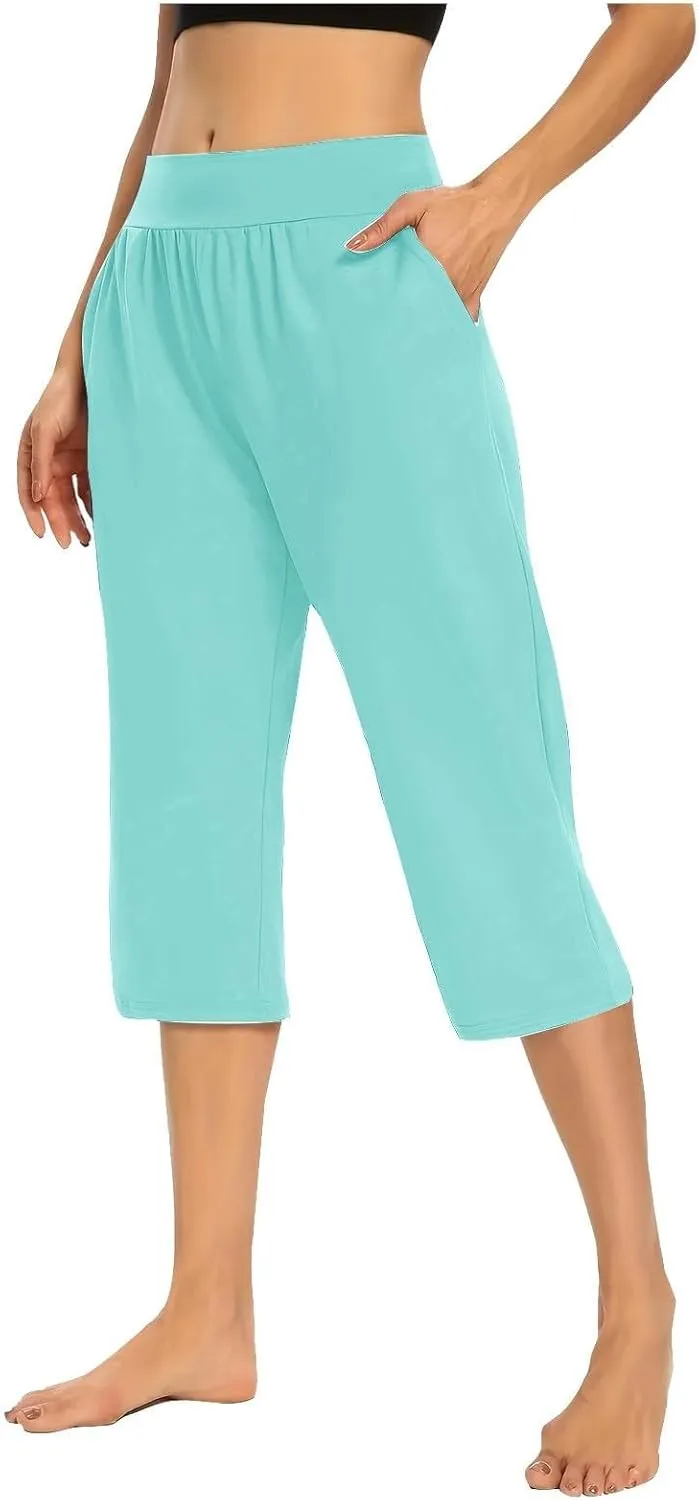 Women's Pants, High Waist Capri Pants with Pockets Wide Leg Cropped Casual
