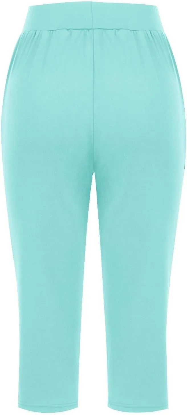 Women's Pants, High Waist Capri Pants with Pockets Wide Leg Cropped Casual