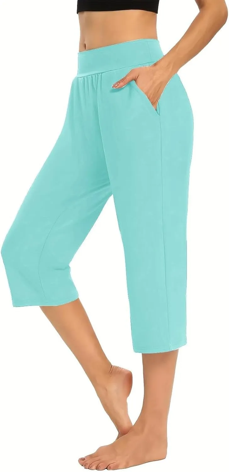 Women's Pants, High Waist Capri Pants with Pockets Wide Leg Cropped Casual