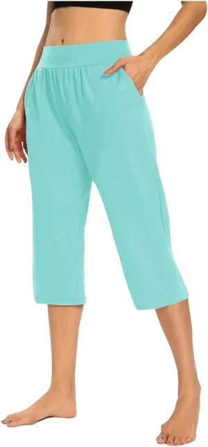 Women's Pants, High Waist Capri Pants with Pockets Wide Leg Cropped Casual