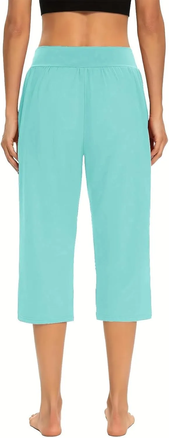 Women's Pants, High Waist Capri Pants with Pockets Wide Leg Cropped Casual